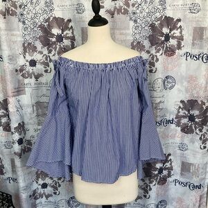 Active USA White and Blue Off-the-Shoulder Blouse with Bell Sleeves